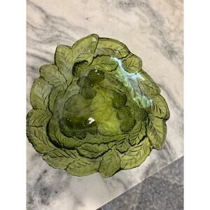 Vtg Indiana Glass‎ Bowl Loganberry Olive Green Texture 7'' Berries Leaves Dish